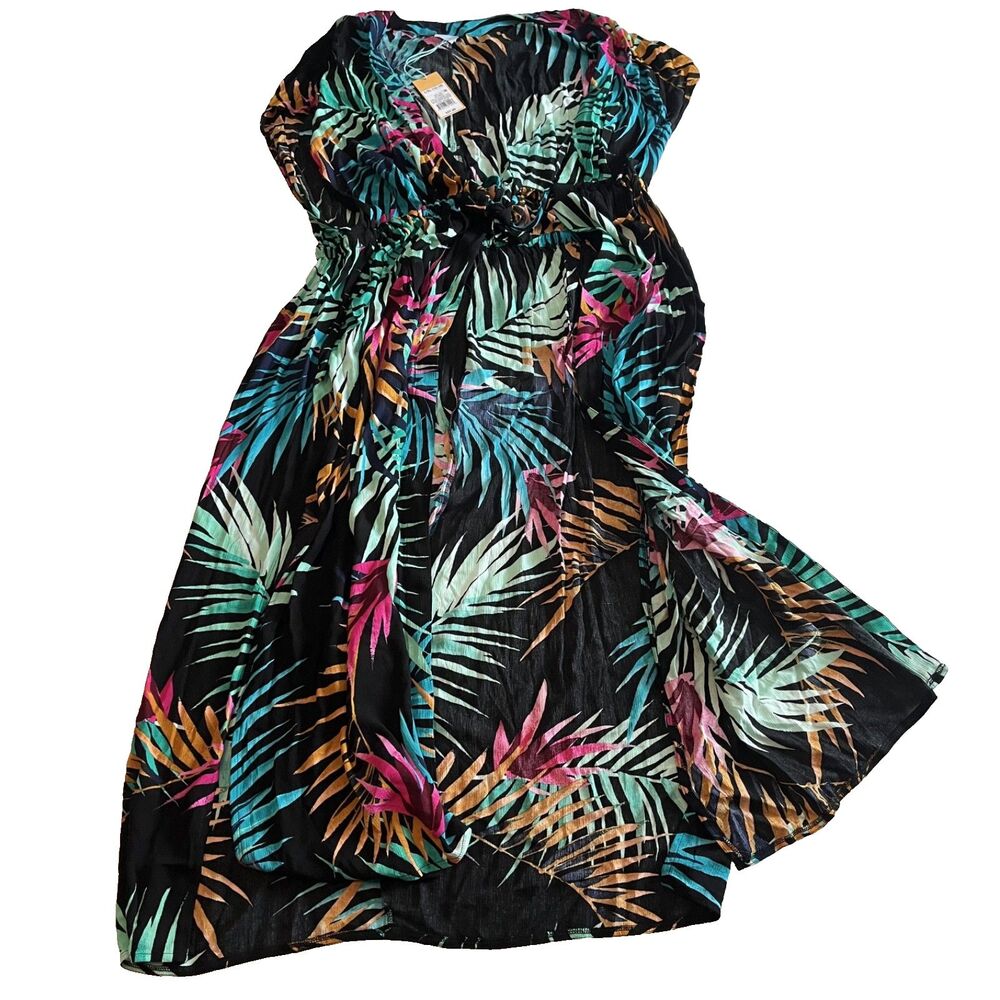 Kona Sol L /XL Rainbow Tropical Print Tie Open Front V-neck Swim Cover Up